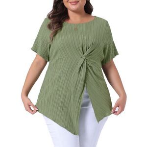 Plus Size Asymmetrical Hem Round Neck Short Sleeve Twist Knot Top Grass Green